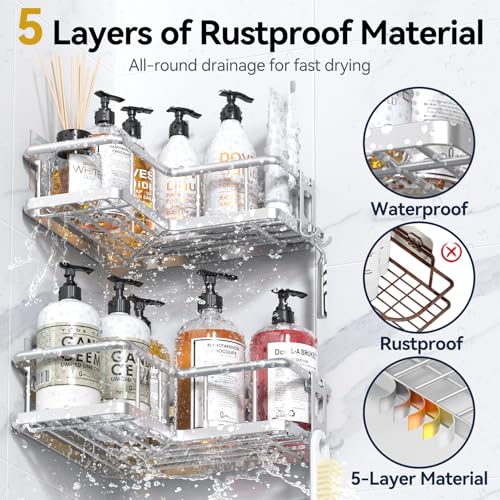 YASONIC Shower Caddy Corner, 2-Pack Adhesive Rustproof Stainless Steel Shower Shelves with Soap Holder, No Drilling Shower Organizer Corner for Dorm, Renters Bathroom Silver - color: Silver, size: 2Pack