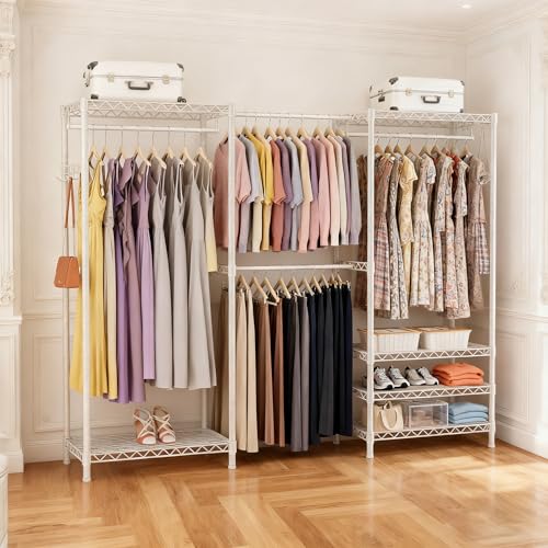 Heavy Duty Closet Garment Rack, 6 Tiers Adjustable Metal Freestanding Expandable Clothing Storage with 4 Hanger Rods, Easy to Assemble Wardrobe, 71.4" H x (70" - 88.2") L x 14" D, White - color: White
