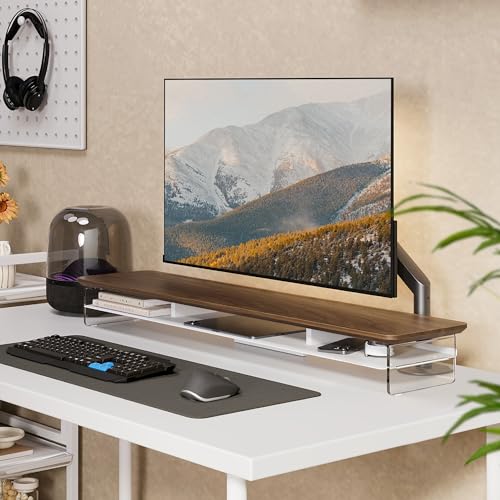 Fenge Acrylic Monitor Stand Riser, 42.5 Inches Dual Monitor Stand with Metal Storage, 2 Tier Acrylic Computer Riser for Desk, Clear Laptop Stand for PC, Laptop, Printer, TV, Brown - color: Brown, size: 42.5in