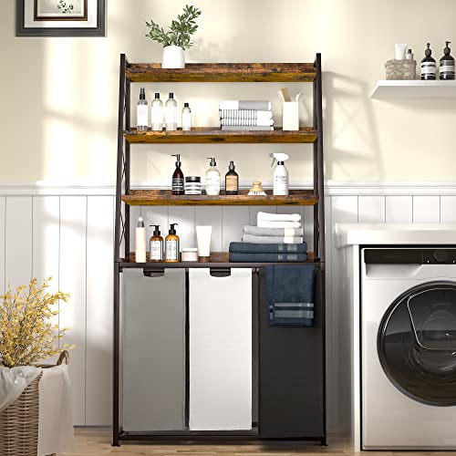 Herture Laundry Basket, 3 Section Laundry Hamper with 4 Tiers Shelf, Pull-Out and Removable Laundry Bags, Large 3 x 15.87 Gallons, for Laundry Room Bathroom Rustic Brown PF05XLN - color: Rustic Brown + 3-Color, size: 3 Bags-180 L