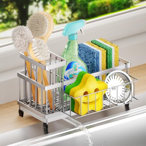 SWTYMIKI Sink Caddy Sponge Holder - Large Sponge Holder for Kitchen Sink with 360°Auto-Drain Tray, Rustproof Stainless Steel Kitchen Organizer Caddy for Countertop Organization - color: Silver-basket