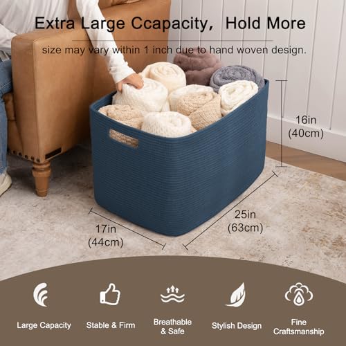 OIAHOMY 118L XXXLarge Cotton Rope Storage Basket, Oversized Blanket Basket, Used for Organizing Dirty Clothes in Living Room, Bedroom, Nursery, Dog Toy Storage Bins, 25" x 17" x 16",Blue - color: Blue