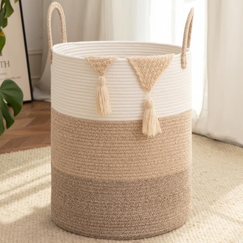 OIAHOMY Large Laundry Basket Hamper - 60L Cotton Rope Woven Basket for Blankets, Toys, Clothes - Tall Decorative Nursery Hamper with Long Handles, Gradient Brown - color: Gradient Brown, size: 60L