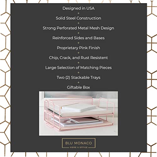 BLU MONACO | Paper Tray Stackable Pink Mesh Set of 2 | Stackable File Trays for Desk Organization | Tiered Desk Organizer with Metal Letter Trays and Workspace Organizer - color: Pink