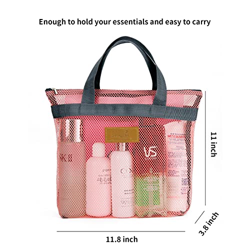 TOPASION Mesh Shower Caddy Bag Portable Hanging Toiletry and Bath Organizer with Zipper for Travel, Gym, Camping, College Dorms, Beach - color: Pink