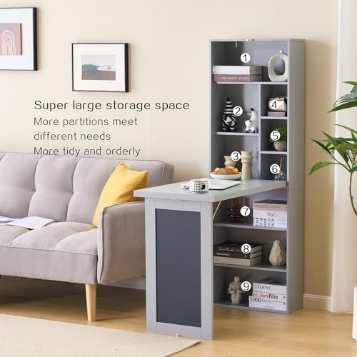 Folding Desk with Storage,Foldable Convertible Writing table with Blackboard and Shelves,Wall Mount Fold Out Table Cabinet , Space-Saving Murphy Desk for Multi-Function Home Office Workstation (Grey) - color: Grey