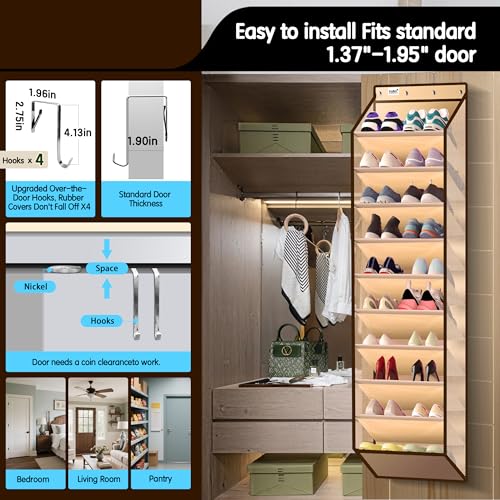 Kotkn 10 Tier Over The Door Organizer - Heavy Duty Hanging Storage Rack with Sturdy Oxford Fabric, Holds 20+ Pairs of Footwear, Boots & Sneakers, Saves 50% Closet Space(Beige) - color: 10-cell Beige