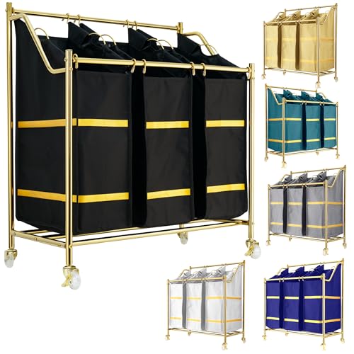 LUXURY STYLE Laundry Hamper, 3-Section Rolling Laundry Sorter Cart with Wheels, Modern Golden Hamper with 3 Bags for Clothes, Toys, and Towels - color: Modern Golden