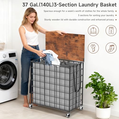 Laundry Basket with Wheels, Heavy Duty Laundry Sorter 3 Sections, 140L (37Gal.) Large Capacity Laundry Hamper with Wood Lid, 360 Rolling Wheels, Extra Side Pocket, Leather Pull Handle (Grey) - color: Grey, size: 140L