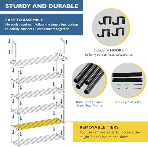 Sundaze Shoe Rack - 6 Tier Metal Shoe Rack for Front Door Entrance, Sturdy Tall Shoe Organizer for Closet, Bedroom, Entryway, Garage, Black Metal Shoe Shelf, Holds Up to 30 Pairs