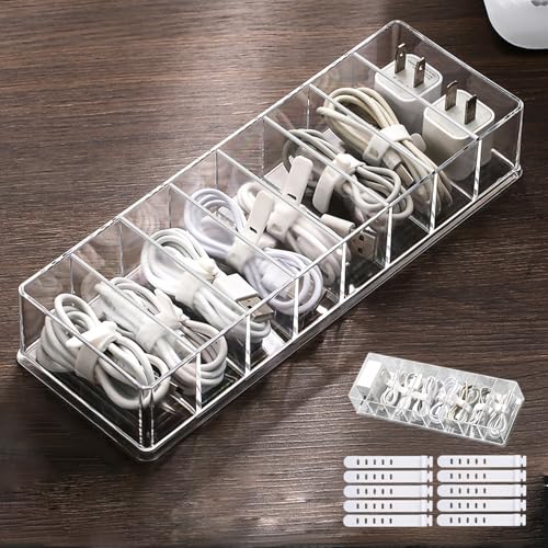 Cable Organizer Kit with 8-Compartment Cord Storage Box (without Lid) and 10 Wire Ties, Clear Plastic Desk Organizer for Cables, Chargers, Accessories for Home Office - size: Without Lid