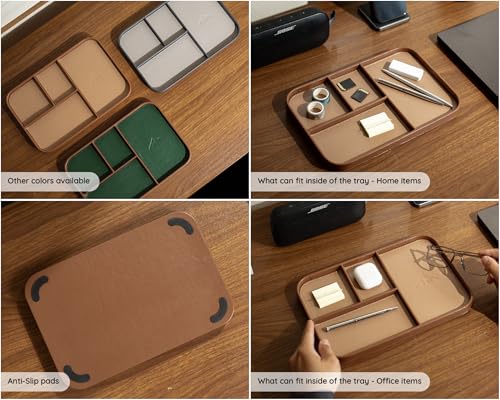 MUUJEE Leather Catchall Multitray (Design 1) - 11.65 x 7.75 x 0.8, Everyday Watch and Wallet Caddy Organizer with 4 Compartments, Accessory Glasses Phone Valet Dump Tray for Bedside Nightstand, Tan - color: Tan
