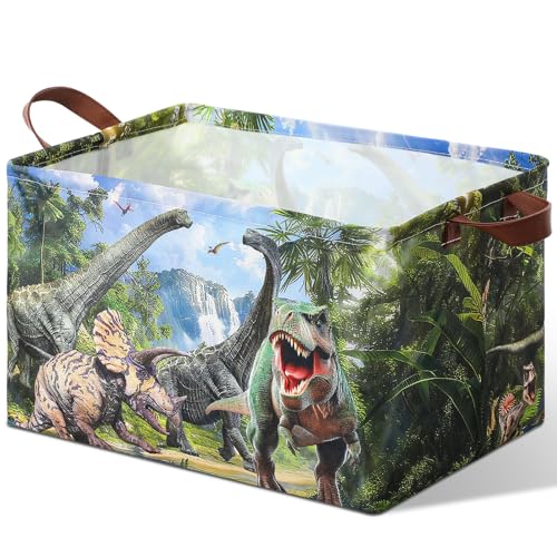 Capoda Dinosaur Toy Box Chest with Leather Handle - Collapsible Sturdy Dinosaur Toy Chest Basket, Rectangular Dino Storage Organizer Box Bin for Playroom, Bedroom, Nursery, Living Room (Forest,1 Pack)