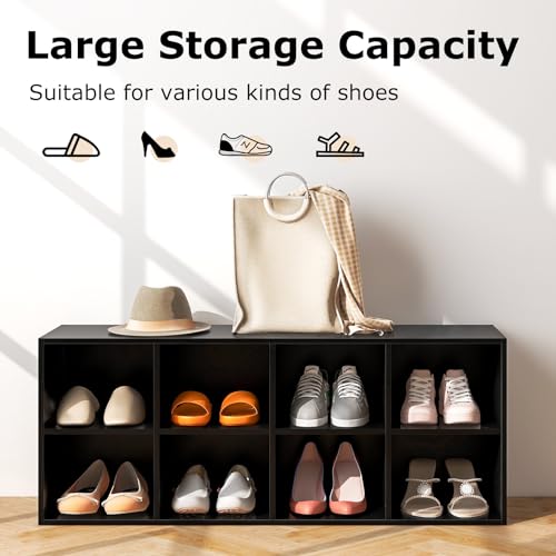 Tangkula 8 Cubbies Shoe Storage Bench, Shoe Organizer with 500 LBS Weight Capacity, Cubby Shoe Rack Storage Cabinet for Entryway, Hallway, Living Room and Bedroom (Black) - color: Black
