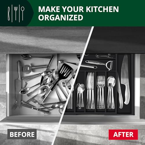 ROYAL CRAFT WOOD Luxury Bamboo Kitchen Drawer Organizer - Silverware Organizer - Utensil Holder and Cutlery Tray with Grooved Drawer Dividers for Flatware and Kitchen Utensils (9 Slot, Black) - color: Black, size: 9 Slot