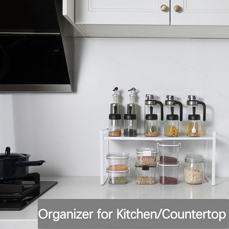 Expandable Cabinet Shelf Organizer Riser for Kitchen Pantry Cupboard Under Sink Countertop (white, 8.2’’D * 12.2-21.6’’W * 10.4’’H) - color: White, size: 8.2''D * 12.2-21.6''W * 10.4''H