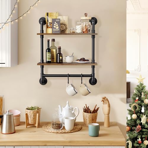 Merapi 24" Industrial Floating Shelves with Tower Bar, Pipe Shelves for Wall, 2 Tier Rustic Wood Wall Shelves for Home Décor, Bedroom, Living Room, Bathroom… - style: 2 Tier with Tower Bar