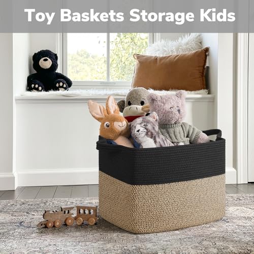 Goodpick Woven Baskets for Organizing, 18" x 14" x 12" Wicker Laundry Basket with Handles, Decorative Toy Baskets Storage Kids, Blanket Basket for Living Room, Bedroom - color: Black, size: 18"L x 14"W x 12"H