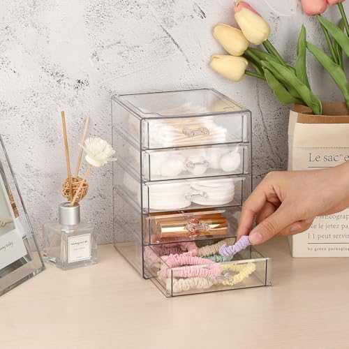 BTSKY Clear Acrylic Storage Organizer with Drawers, 5-Layer Desktop Organizer for Office Essentials, Multi-Purpose Stackable Container for Bathroom Vanity, Desk Makeup Jewelry Container Storage Box - size: 5-layer