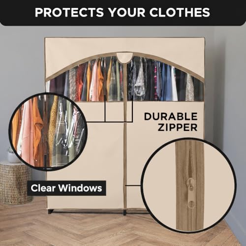 HOLDN’ STORAGE Portable Wardrobe Closet - 65 lb Large Capacity, Internal Heavy Duty Metal Rod, Zipper & Clear Window, Durable Clothes Organizer, Tool-Free Easy Assembly, Beige Canvas Cover - color: Beige, size: Large