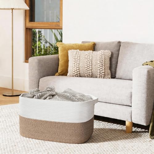 MEGASKET Extra Large Blanket Basket, 22" x 17" x 12" Rectangle Blanket Storage for Living Room, Soft Kids Dog Toy Basket Bin, Cotton Rope Baskets for Storage, Woven Throw Pillow Organizer Holder - color: White & Brown, size: 22"x17"x12"