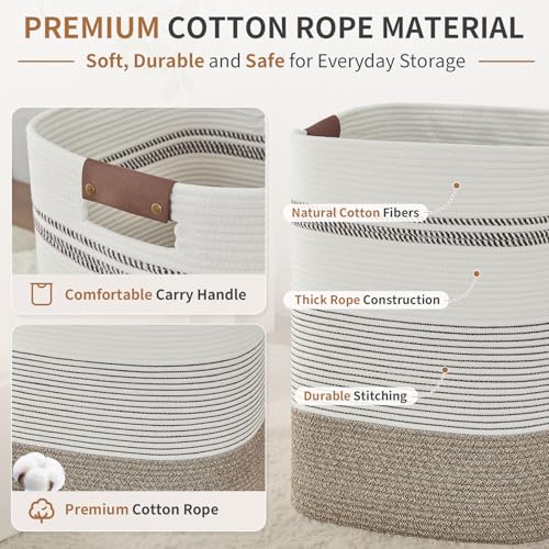 AINUOQI Laundry Hamper - Tall Woven Rope Laundry Basket - Clothes hamper with Leather Handles, 17" X 13.8" X 22", Blanket Storage Basket for Living Room, Rice Brown & White - color: Rice Brown & White, size: 85L