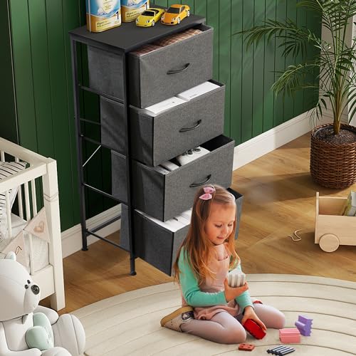 Dresser for Bedroom, 4 Storage Drawers, Anti-Tip Tall Fabric Closet Chests Organizer Tower Furniture with Wooden Top Metal Frame for Clothes, Living Room, Hallway, Entryway - color: Grey, size: 11.8"D x 17.7"W x 37.4"H (4 Drawers)