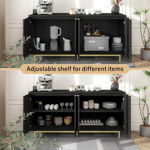MUUEGM Sideboard Buffet Cabinet with Storage, 58" Large Kitchen Storage Cabinet with Shelves and 4 Fluted Doors, Modern Console Table for Kitchen, Dining Room, Hallway(Black) - color: Black