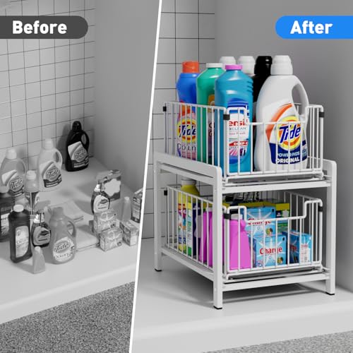 2 Tier Sliding Basket Drawer Organizer, Lxmons Pull Out Under Sink Cabinets Organizers, Metal Home Shelf for Bathroom or Kitchen, Sliding Countertop or Pantry Storage Shelf, Large White - color: White
