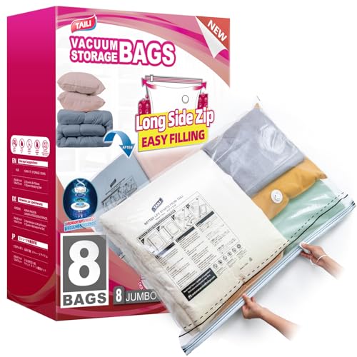 TAILI 8 Pack Vacuum Storage Bags, Jumbo Size 39x28 inch, LONG SIDE ZIP Vacuum Seal Bags for Beddings, Extra Large Storage Space Saver for Clothing, Comforters, Blankets, Pillows - size: 8 Jumbo