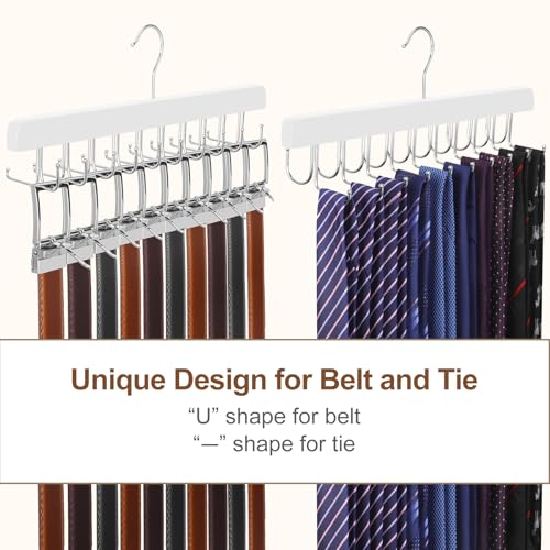 TOPIA HANGER 2 Pack 2 in 1 Belt Tie Hanger for Closet Max 60 Belts with 60 Ties Capacity, 40 Hooks Belt Tie Racks Wooden Hanger for Closet Organizer Storage “U” Fit Belt and “一” Fit Tie - CT52W - color: White-2 Pack