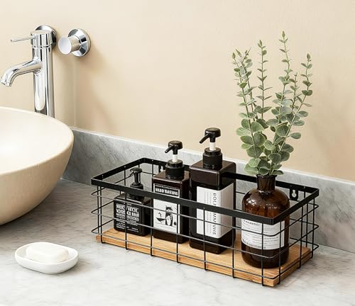 ShabbyDecor Metal Wire Basket Detachable Wood Base Storage Organizer Farmhouse Hanging Basket for Kitchen Cabinets, Bathroom, Pantry, Laundry Room,1 Pack in Black Color,Size Big - color: Black, size: Large