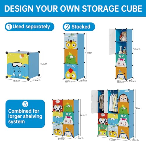 MAGINELS Kids Closet,Baby Wardrobe Closet with Door,Cute Portable Armoire Dresser,Clothes Hanging Storage Rack for Boy Bedroom,Blue,12 Cube(14x14inch) - color: Blue, size: 12 Cube