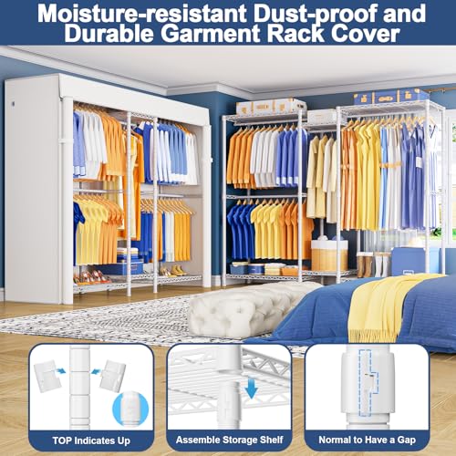Ulif E12C Pro Heavy Duty Closet Organizer System，Freestanding Clothing Racks for Hanging Clothes，Adjustable Garment Rack 71"W x 16"D x 76.5"H Hold 960lbs，White Clothing Rack with White Dustproof Cover - color: White Rack With White Cover, size: E12C Pro