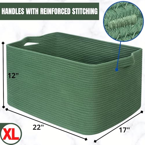 MINTWOOD Design 22in Extra Large Blanket Basket Holder Living Room, Rectangle Rope Woven Storage Basket with Handles for Laundry, Pool Towels, and Shoes, Dog Toy Organizer Bin Box, Forest Green - color: Forest Green