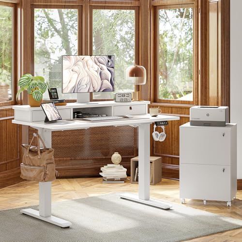 TIQLAB Standing Desk with Two Drawers, Stand Up Standing Desk Adjustable Height, Electric Sit Stand Table with Storage Shelf and Splice Board, 55 * 24 inch, White - color: White, size: 55*24 inch without keyboard tray