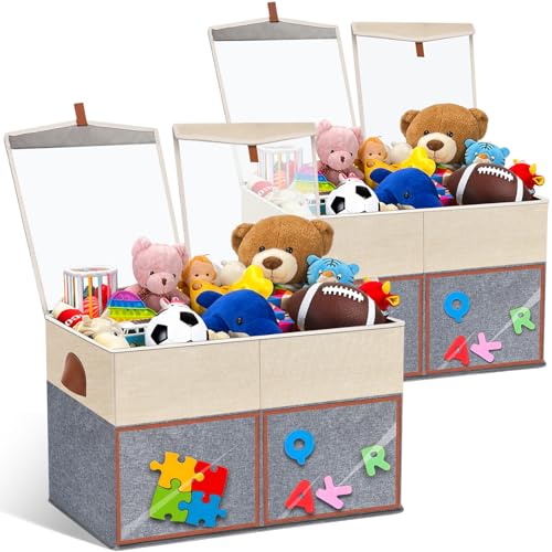 2 Pack Large Toy Storage Box with Clear Lids Collapsible Toys Chest Organizer Bin Basket with Adjustable Dividers for Kids Boys Girls Living Room Nursery Playroom Closet Beige and Grey - color: Beige and Grey, size: 2 Pack