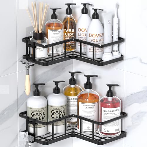 YASONIC Corner Shower Caddy 2 Pack, No Drill Adhesive Shower Storage Shelves, Rustproof Stainless Steel Wall Mounted Bathroom Organizer Shelf with 2 Removable Hooks for Dorm & Renters, Black - color: Black, size: 2Pack