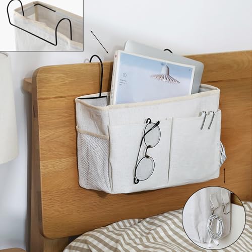 Bedside Caddy Organizer Hanging Storage Basket with Large Pockets & Hooks, Heavy-Duty Canvas Bedside Organizer for Bunk Beds, Dorm Rooms, Hospital Beds & Small Spaces (Beige) - color: Beige