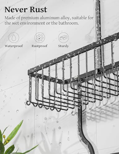 YASONIC Never-Rust Aluminum Hanging Shower Caddy – Over-the-Showerhead Organizer with 10 Hooks for Razor and Sponge – Includes Soap Basket – Black - color: Black