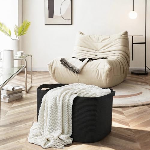 MEGASKET Extra Large Basket for Blankets, 23.6" x 17" x 12" Black Blanket Storage for Living Room, Big Cotton Rope Pillow Holder, Rectangle Kid Dog Toy Bin Box, Woven Laundry Basket, Shoe Bin Entryway - color: Black, size: 23.6"x17"x12