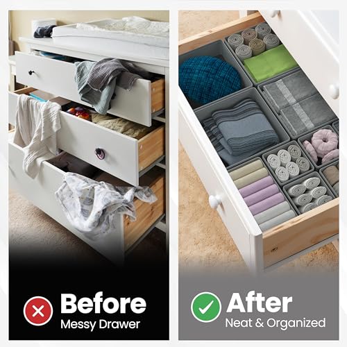 Drawer Organizer – 12 Pack Foldable Gray Fabric Storage Bins for Baby Clothes, Closet, Dresser, Nursery, Underwear, Diapers, Socks | Soft Drawer Dividers for Bedroom & Home Storage - color: Grey
