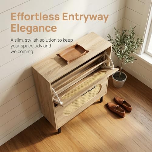 SUNCROWN 2 Flip Drawers Shoe Storage Cabinet, Freestanding Narrow Entryway Organizer, Natural Semi-Circular Rattan Doors, Adjustable Shelves & Anti-Tip Kit, Brown - color: Brown, size: Style A