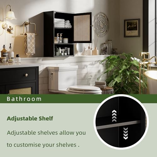 Bathroom Wall Cabinet, Bamboo Over-The-Toilet Storage Organizer with Rattan Doors and Adjustable Shelf, Space Saver Medicine Cabinet for Laundry, Kitchen, Living Room (Black) - color: Black