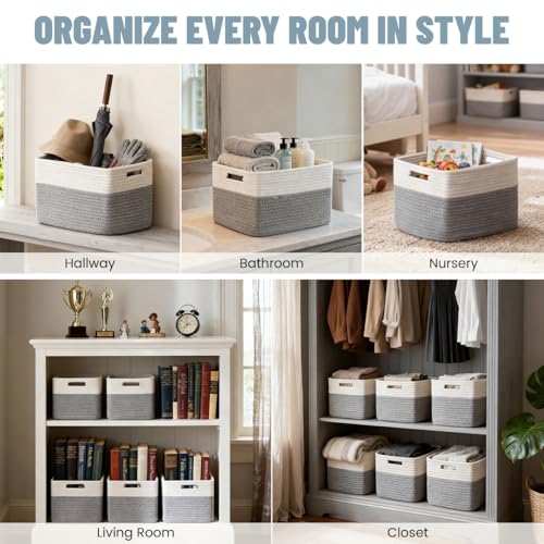 5 Pack Woven Storage Baskets for Shelves, Decorative Basket Closet Organizer Storage Bins for Clothes, Books, Pantry, Bathroom – Cotton Rope Shelf Baskets for Organizing and Decor, Gray & White - color: Gray & White