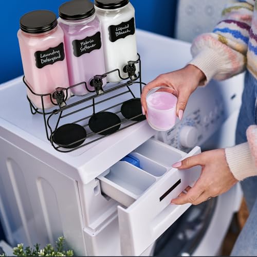 3 Sets 2.2L Liquid Laundry Detergent Dispenser, Glass Laundry Soap Dispenser with Stand, Measuring Cup, Fabric Softener Dispenser for Laundry Room Organization