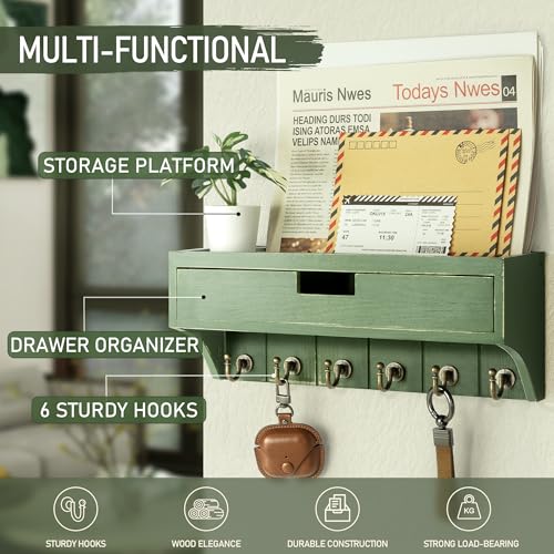 Rebee Vision Pine Wood Key Holder Wall Mount with Drawer Organizer for Home Decor – Mail Organizer with 6 Key Hooks & Storage Shelf – Apartment Essentials for Entryway, Living Room (Green) - color: Green, style: 1-Drawer