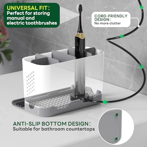 Toothbrush Holders for Bathrooms, Adjustable 6 Slots Electric Toothbrush and Toothpaste Holder, Cord-Friendly Detachable Bathroom Countertop Organizer with Front Ledge for Phone and Ring Holder - color: Grey and White