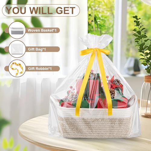 OIAHOMY Woven Basket, Gift Basket Empty with Gift Bags and Ribbons, Rope Baskets for Baby Showers, Storage Baskets with Handles for Nursery, Pet Toy Organizer - Brown & White - color: Brown & White, size: Medium: 13.5L*10W*6H