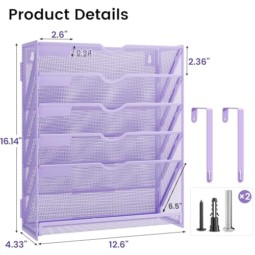 Hanging Wall File Organizer, 6-Tier Purple Desk Organizer with Metal Mesh, Foldable Document Organizer for Office Desk, Wall Mount Magazine Rack for Mail/Books/Tablet - color: Purple-1pack